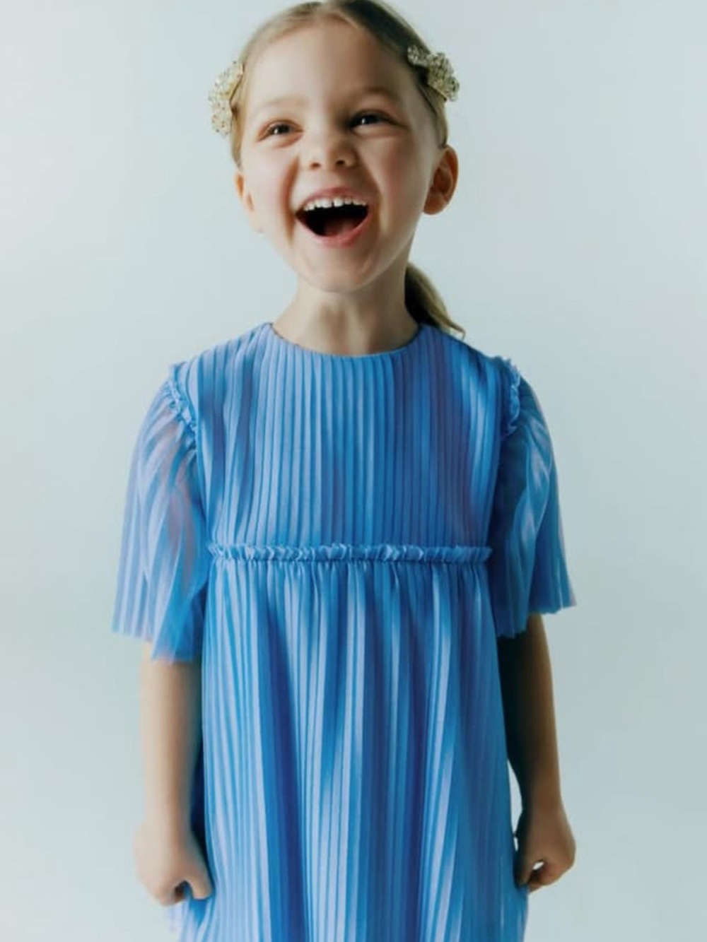 Zara Girls Light Blue Pleated Short-Sleeve Dress Top